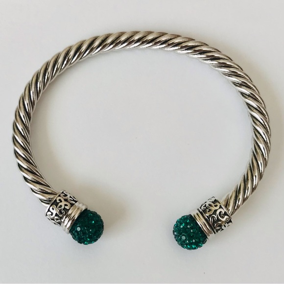 Jewelry - Silver Tone Twisted Cable Cuff Bracelet Green Accents